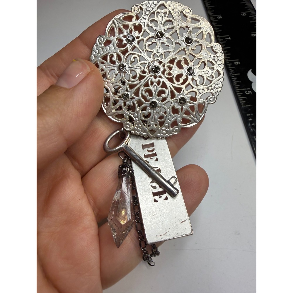 Silver Tone Peace Key Filigree Crystal Charm Long Chain Necklace Boho Statement